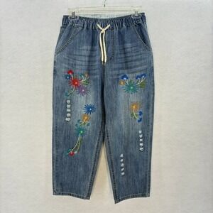 Boho Floral Embroidered Relaxed Drawstring Jeans SMALL Cropped Distressed Denim